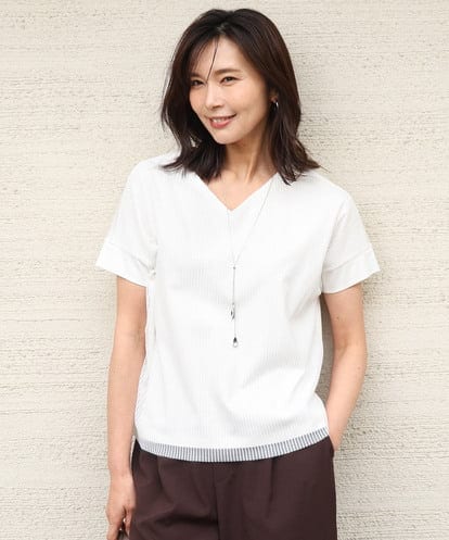 FOKGD40110 MK MICHEL KLEIN [接触冷感/洗える]ストライプチュールカットソー