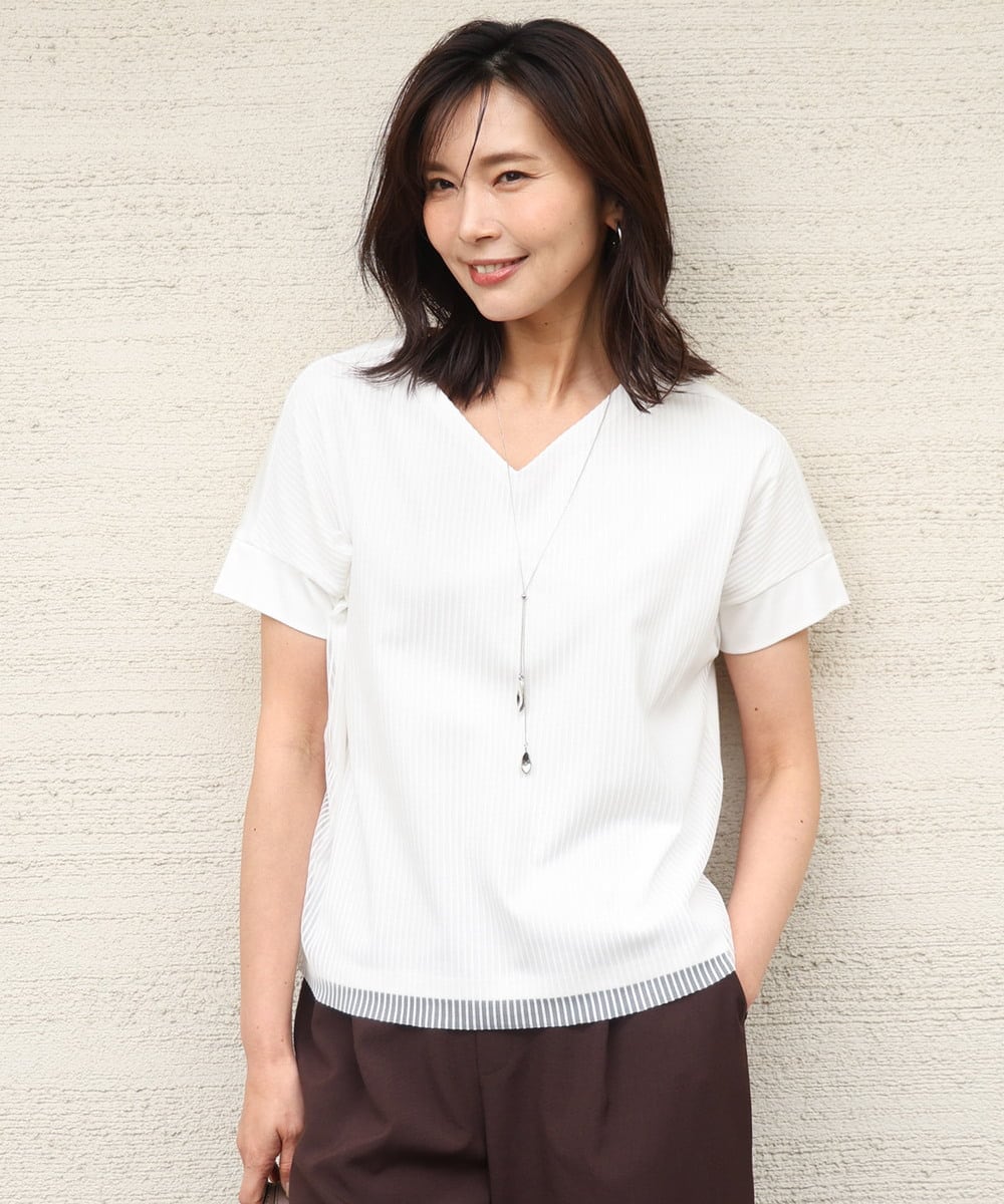 FOKGD40110 MK MICHEL KLEIN(MK ミッシェルクラン) [接触冷感/洗える]ストライプチュールカットソー ホワイト