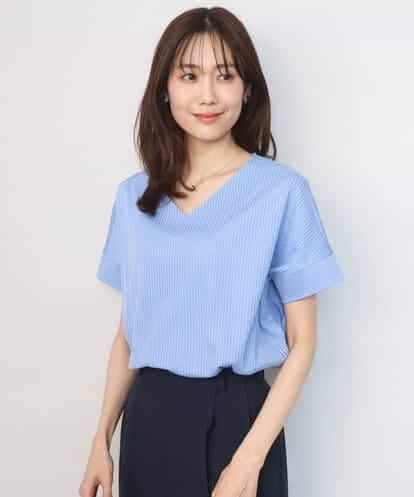 FOKGD40110 MK MICHEL KLEIN ストライプチュールカットソー/接触冷感/洗える