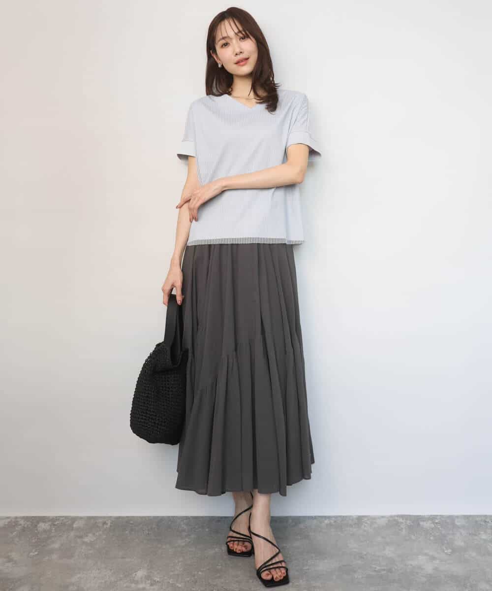 FOKGD40110 MK MICHEL KLEIN(MK ミッシェルクラン) ストライプチュールカットソー/接触冷感/洗える ライトブルー