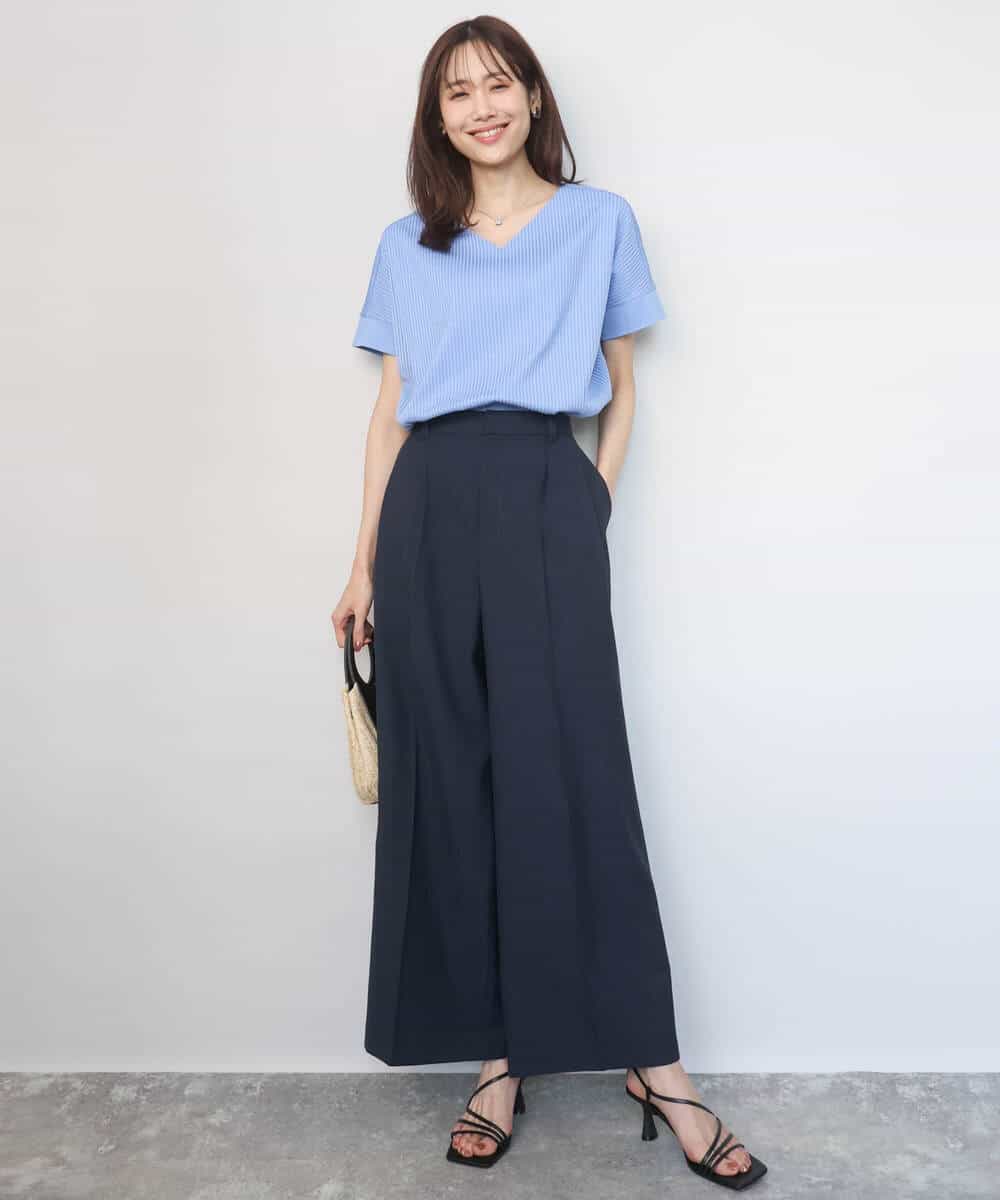 FOKGD40110 MK MICHEL KLEIN(MK ミッシェルクラン) ストライプチュールカットソー/接触冷感/洗える ライトブルー