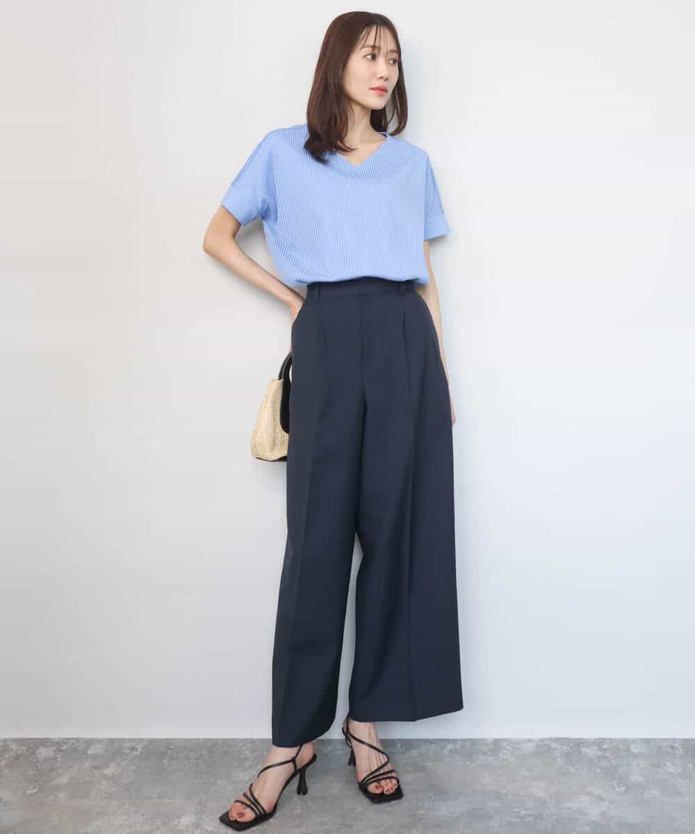 FOKGD40110 MK MICHEL KLEIN(MK ミッシェルクラン) ストライプチュールカットソー/接触冷感/洗える ライトブルー