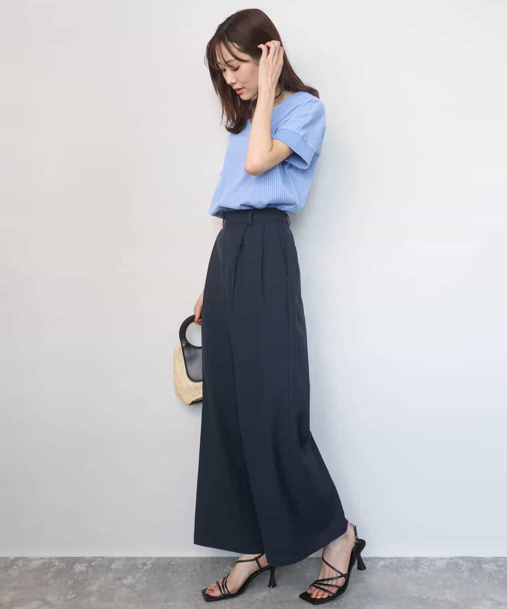 FOKGD40110 MK MICHEL KLEIN(MK ミッシェルクラン) ストライプチュールカットソー/接触冷感/洗える ライトブルー