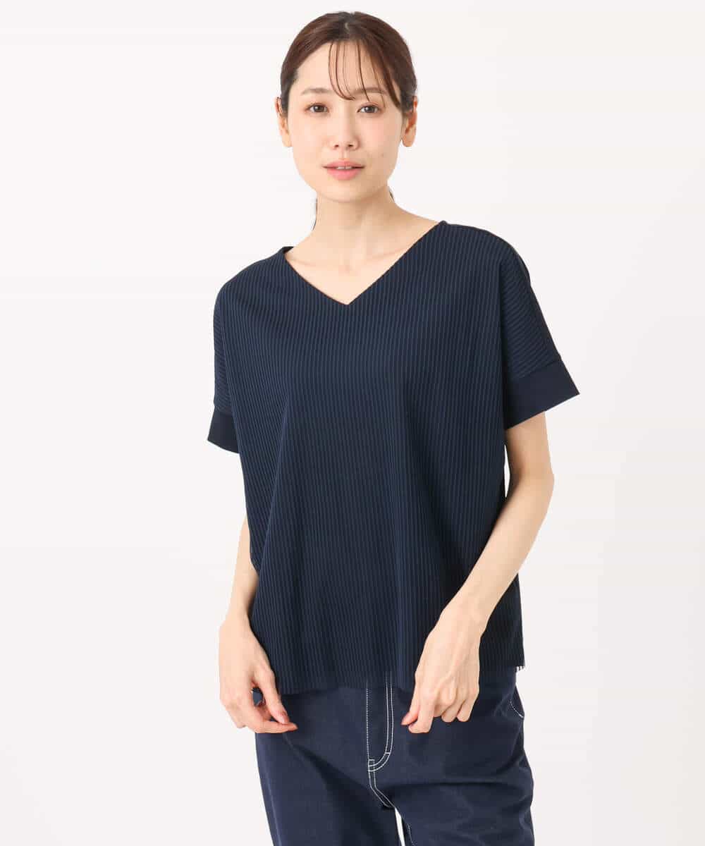 FOKGD40110 MK MICHEL KLEIN(MK ミッシェルクラン) ストライプチュールカットソー/接触冷感/洗える ライトブルー