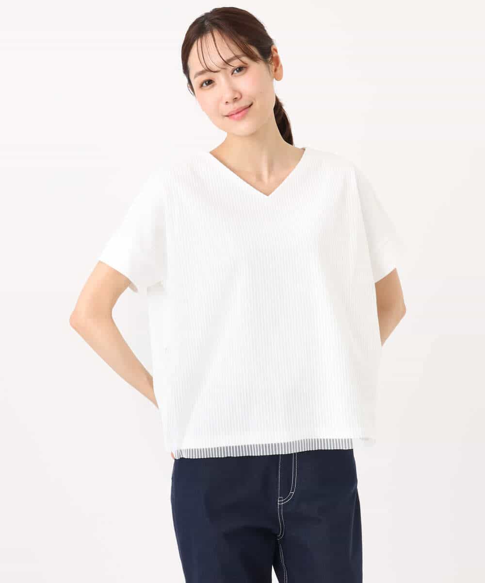 FOKGD40110 MK MICHEL KLEIN(MK ミッシェルクラン) ストライプチュールカットソー/接触冷感/洗える ライトブルー