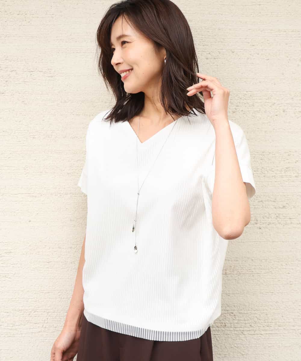 FOKGD40110 MK MICHEL KLEIN(MK ミッシェルクラン) [接触冷感/洗える]ストライプチュールカットソー ライトブルー