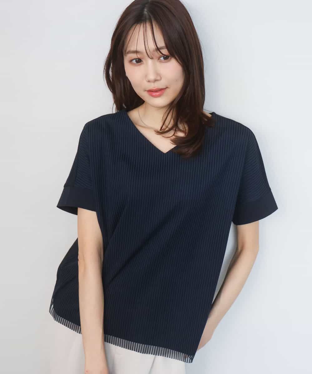 FOKGD40110 MK MICHEL KLEIN(MK ミッシェルクラン) ストライプチュールカットソー/接触冷感/洗える ネイビー