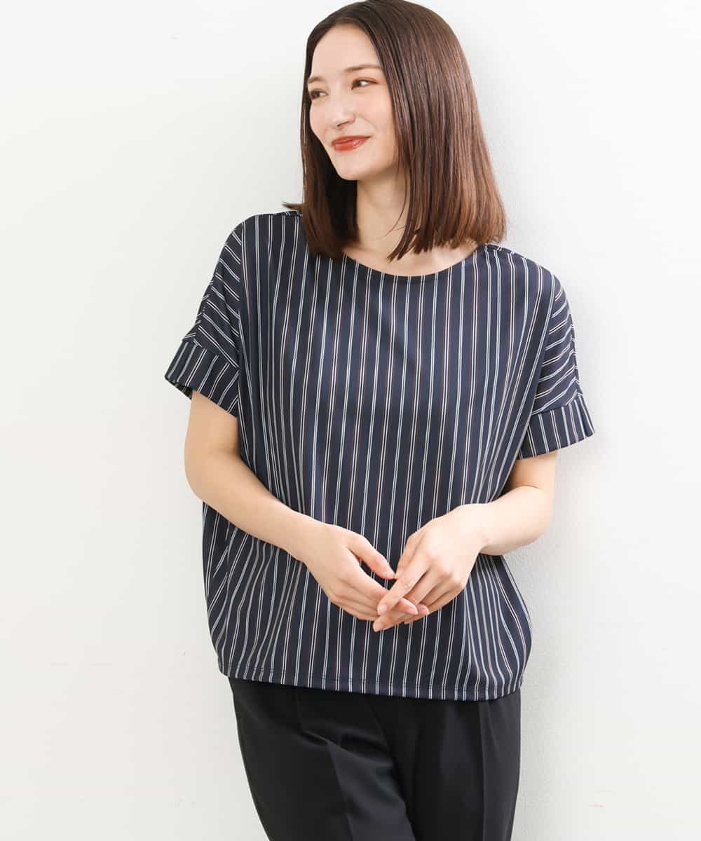 FOKGS03090 MK MICHEL KLEIN(MK ミッシェルクラン) ストライプ柄Tカットソー/洗える ネイビー