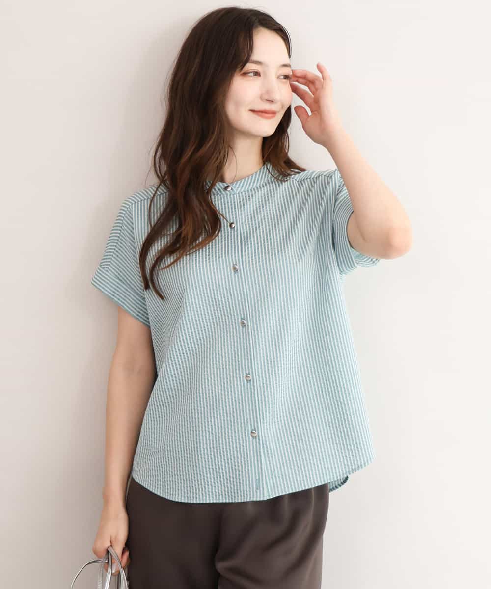 FOKID70140 MK MICHEL KLEIN(MK ミッシェルクラン) [接触冷感/洗える]バンドカラーストライプ柄カットソー グリーン