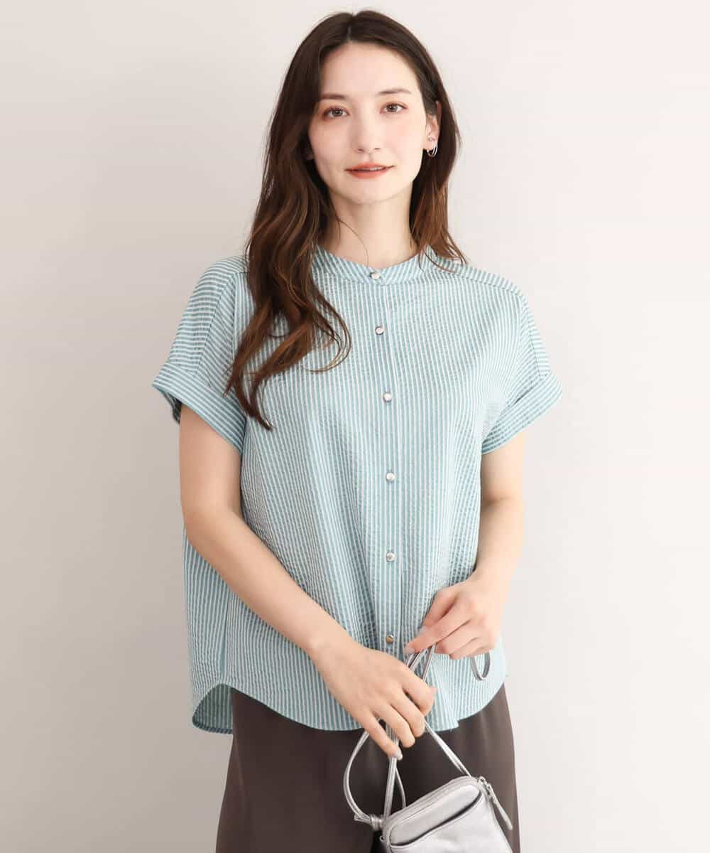 FOKID70140 MK MICHEL KLEIN(MK ミッシェルクラン) [接触冷感/洗える]バンドカラーストライプ柄カットソー ライトブルー