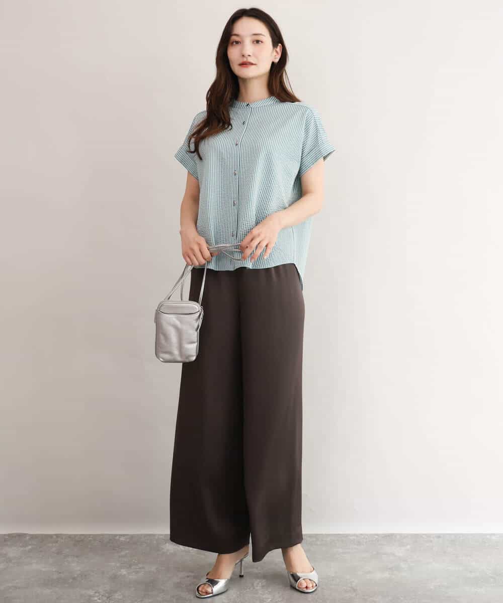 FOKID70140 MK MICHEL KLEIN(MK ミッシェルクラン) [接触冷感/洗える]バンドカラーストライプ柄カットソー ライトブルー