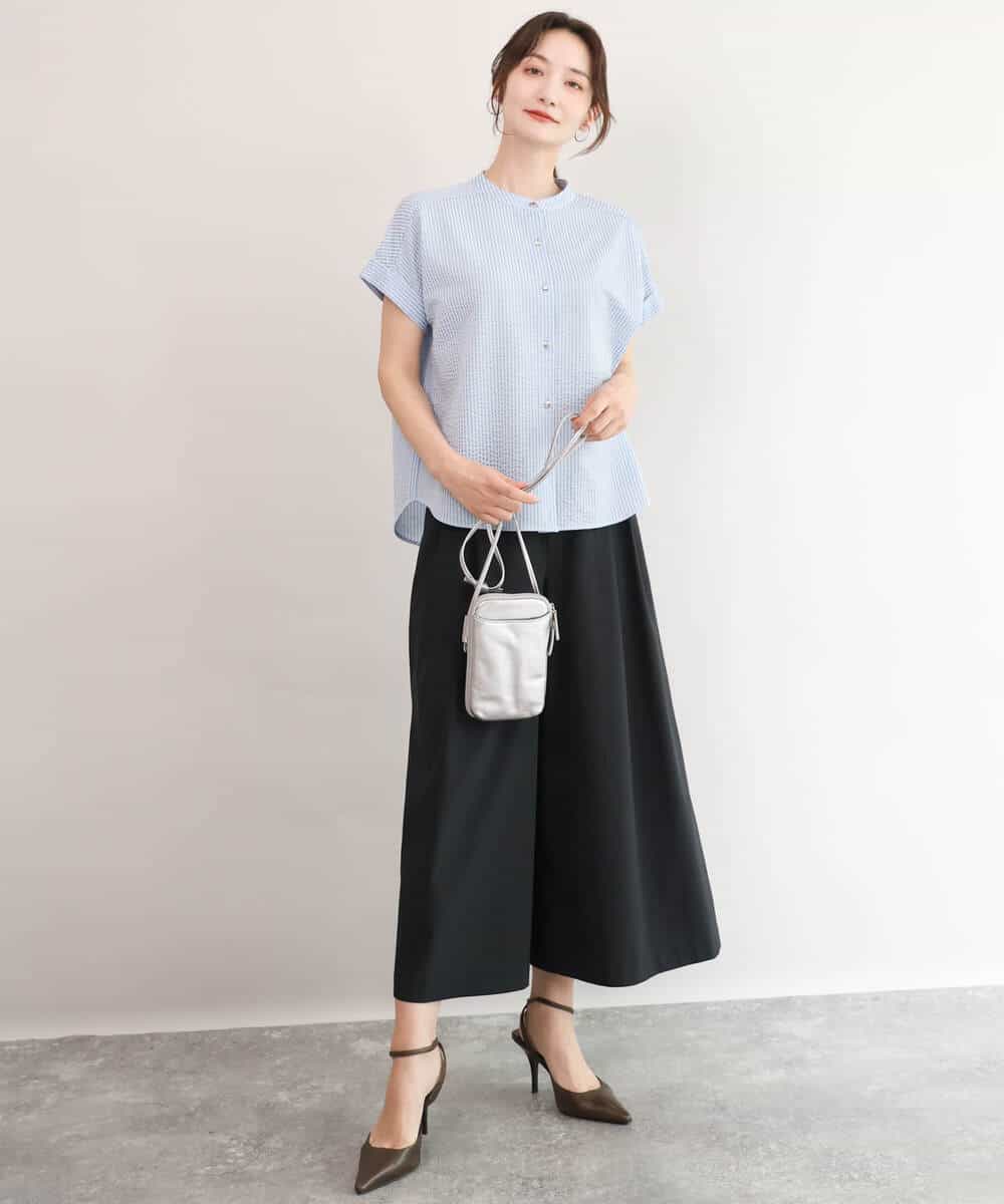 FOKID70140 MK MICHEL KLEIN(MK ミッシェルクラン) [接触冷感/洗える]バンドカラーストライプ柄カットソー ライトブルー
