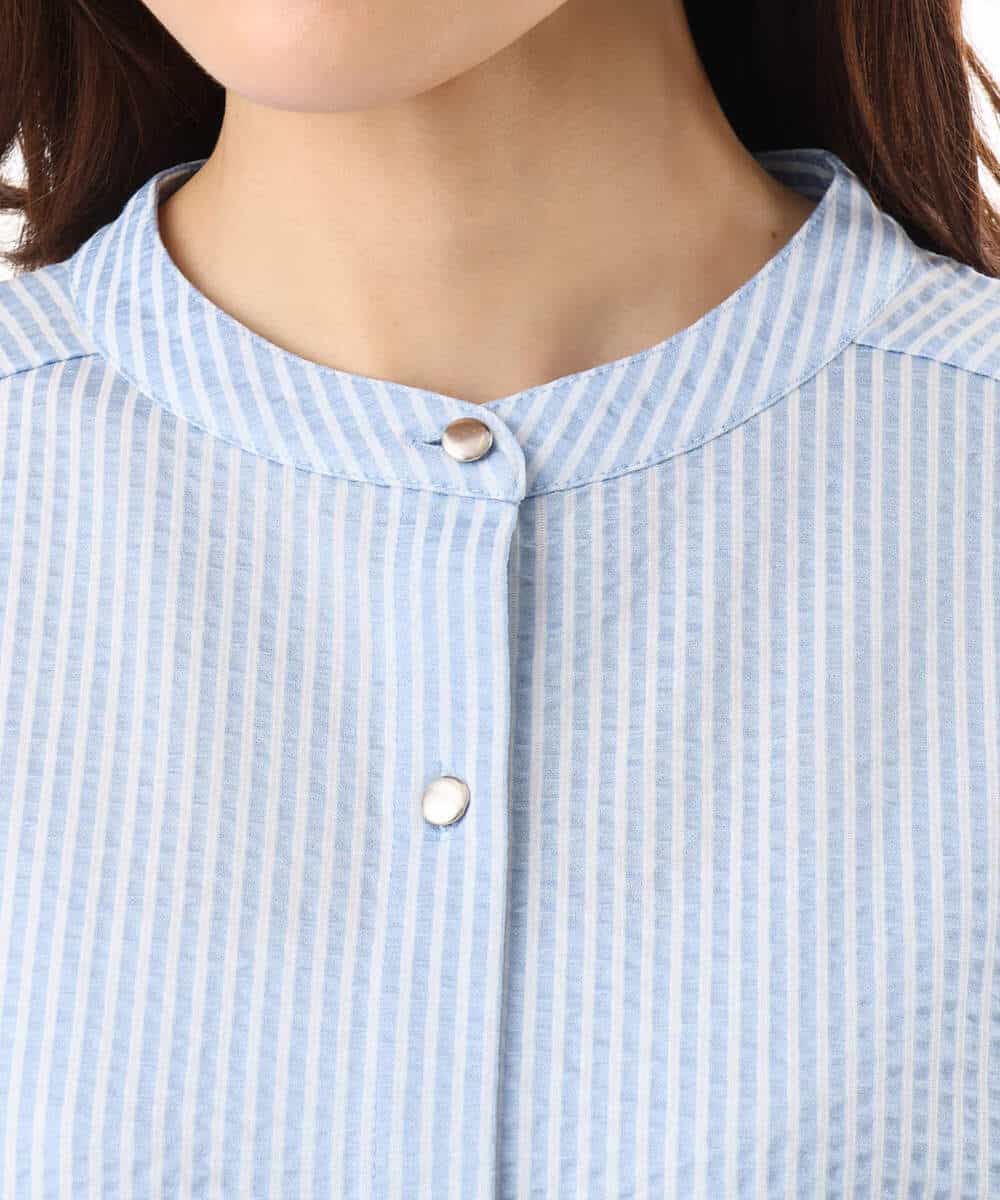 FOKID70140 MK MICHEL KLEIN(MK ミッシェルクラン) [接触冷感/洗える]バンドカラーストライプ柄カットソー ライトブルー