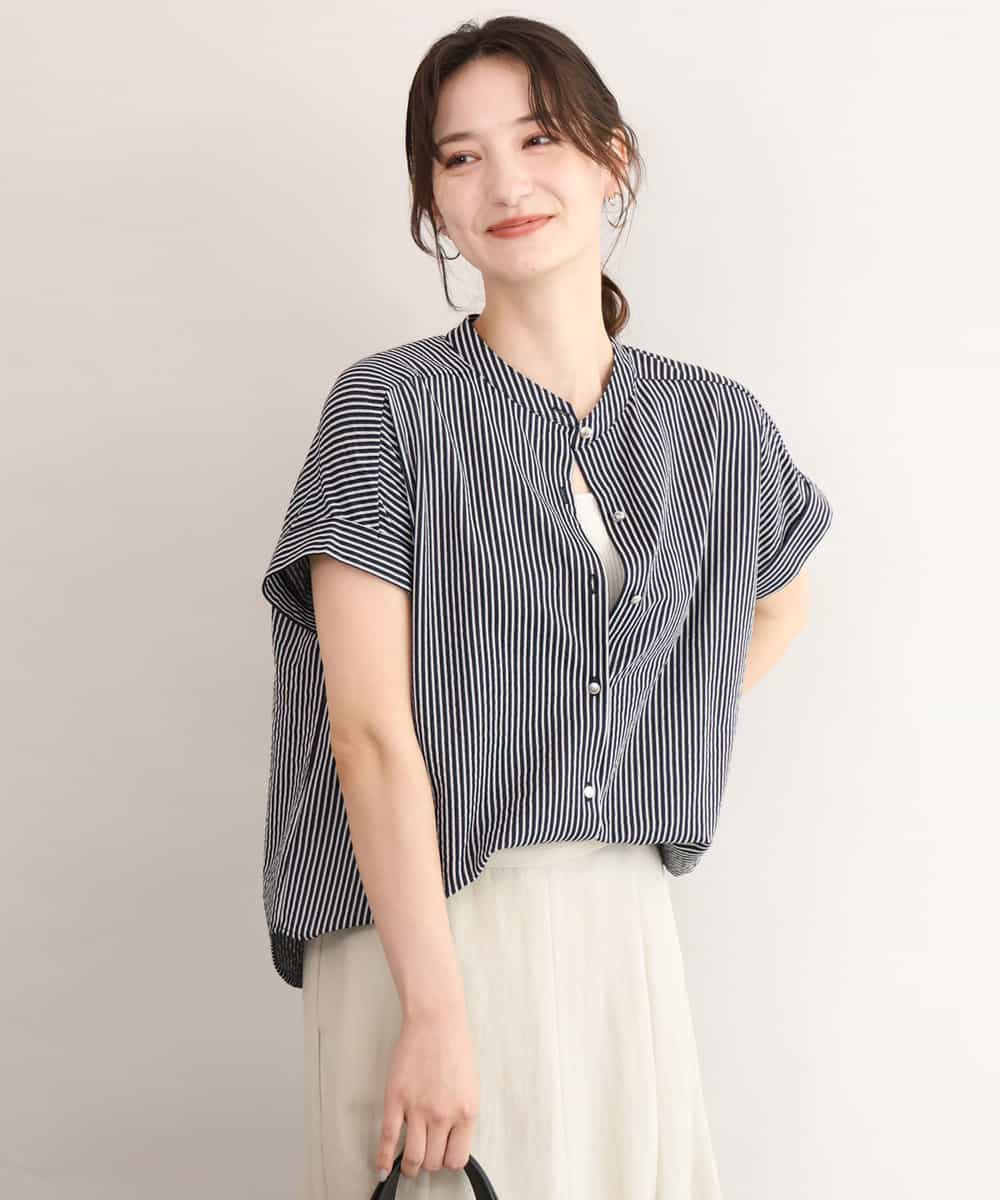 FOKID70140 MK MICHEL KLEIN(MK ミッシェルクラン) [接触冷感/洗える]バンドカラーストライプ柄カットソー ネイビー