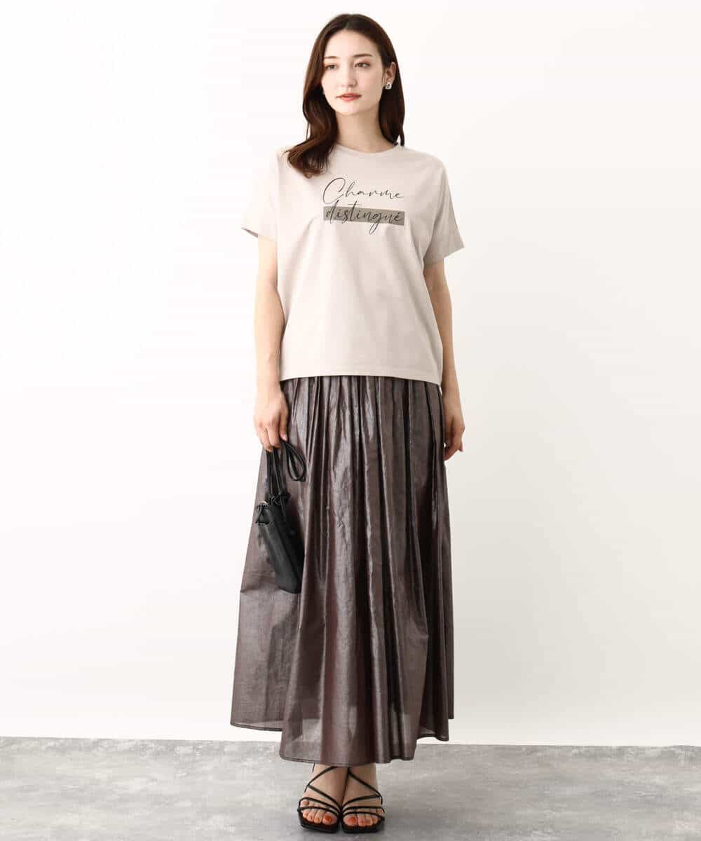 FOKIV70075 MK MICHEL KLEIN(MK ミッシェルクラン) スクエアプリントロゴTシャツ/洗える ベージュ