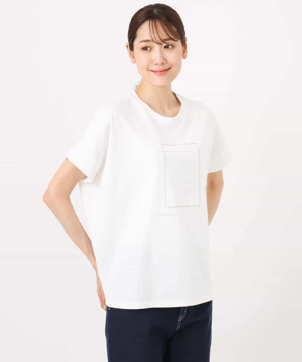 FOKJA70080 MK MICHEL KLEIN(MK ミッシェルクラン) フレームロゴデザインTシャツ/UVカット/接触冷感/洗える ホワイト