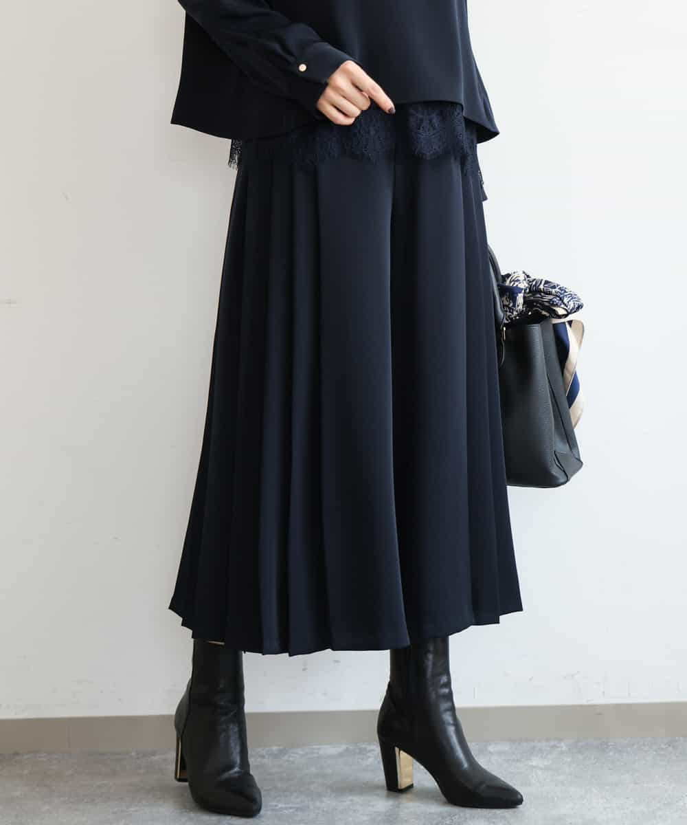 FOLAG54180 MK MICHEL KLEIN(MK ミッシェルクラン) [撥水/洗える]サイドプリーツツイルワイドパンツ ネイビー
