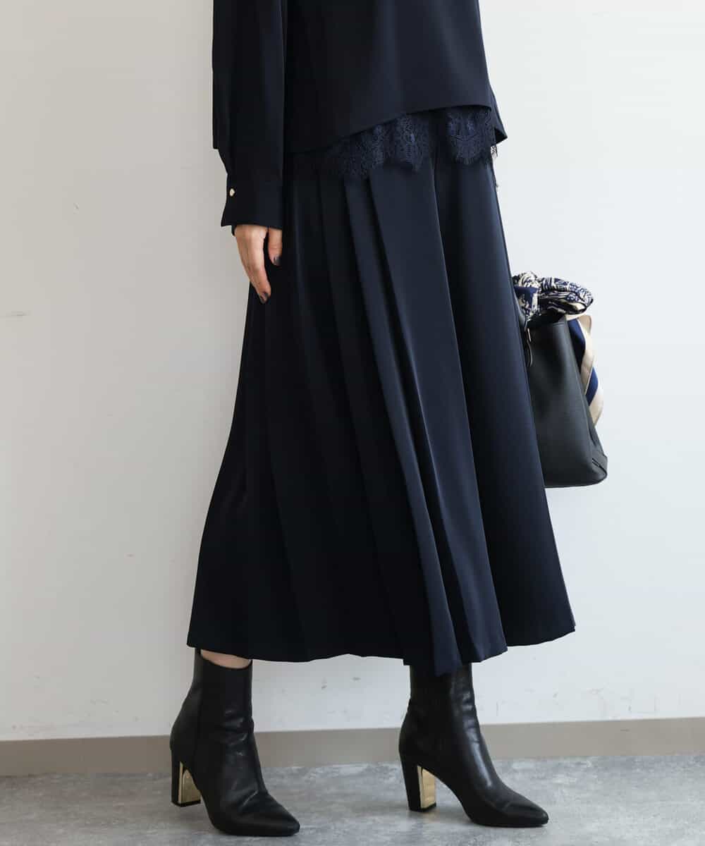 FOLAG54180 MK MICHEL KLEIN(MK ミッシェルクラン) [撥水/洗える]サイドプリーツツイルワイドパンツ ネイビー