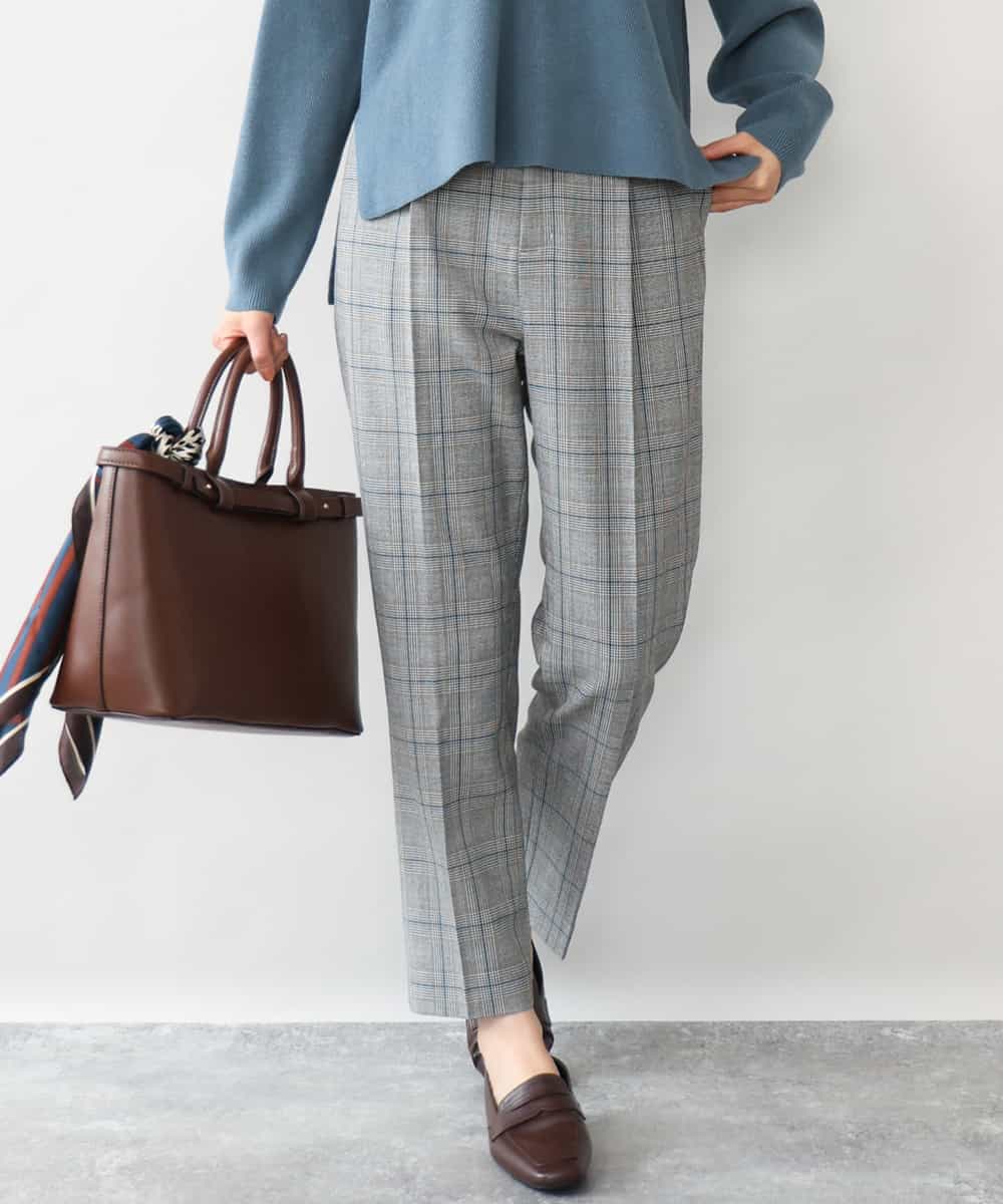 FOLAH56160 MK MICHEL KLEIN(MK ミッシェルクラン) [両面起毛/洗える]グレンチェック柄テーパードパンツ グレー
