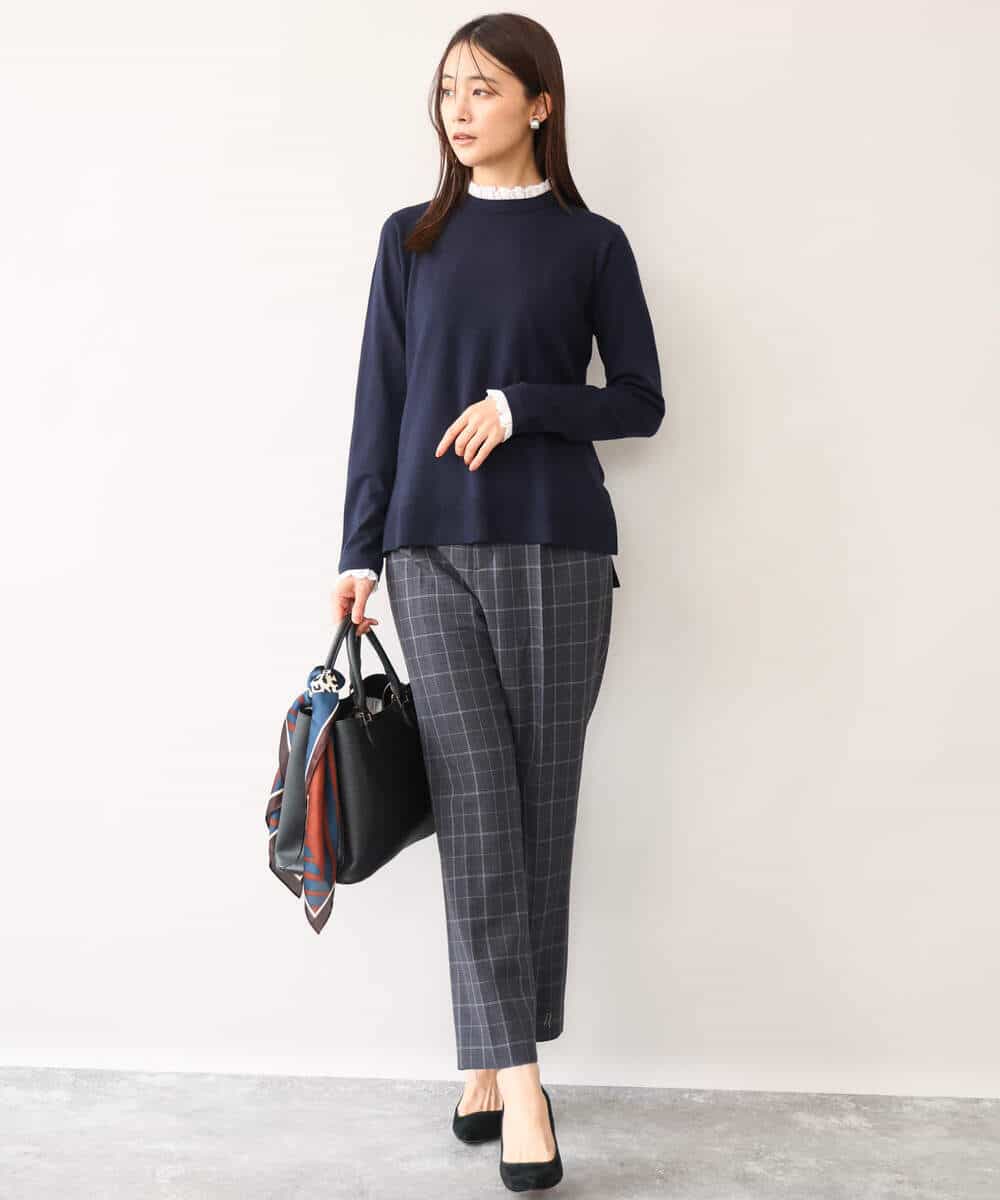 FOLAH56160 MK MICHEL KLEIN(MK ミッシェルクラン) [両面起毛/洗える]グレンチェック柄テーパードパンツ グレー