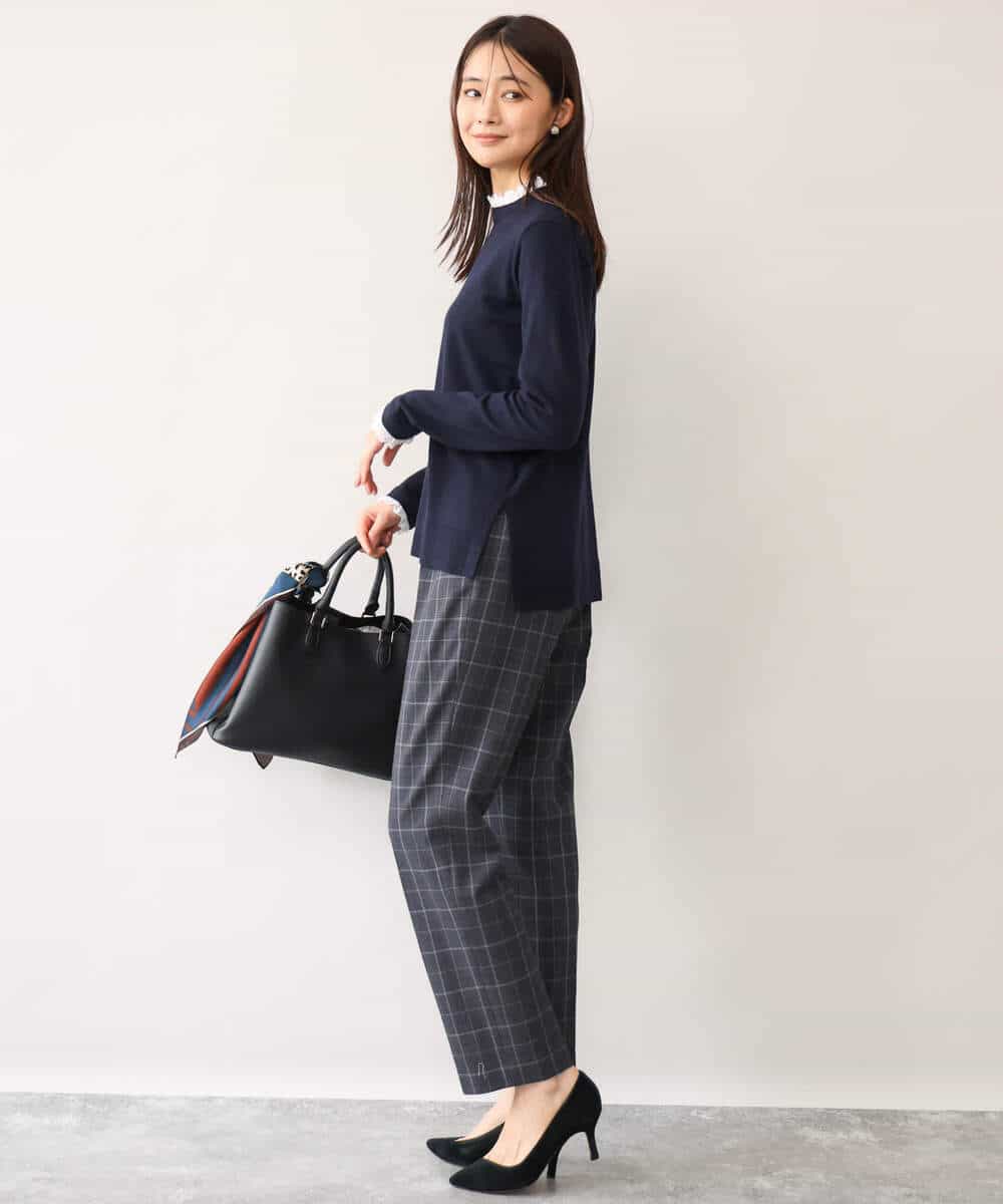 FOLAH56160 MK MICHEL KLEIN(MK ミッシェルクラン) [両面起毛/洗える]グレンチェック柄テーパードパンツ グレー