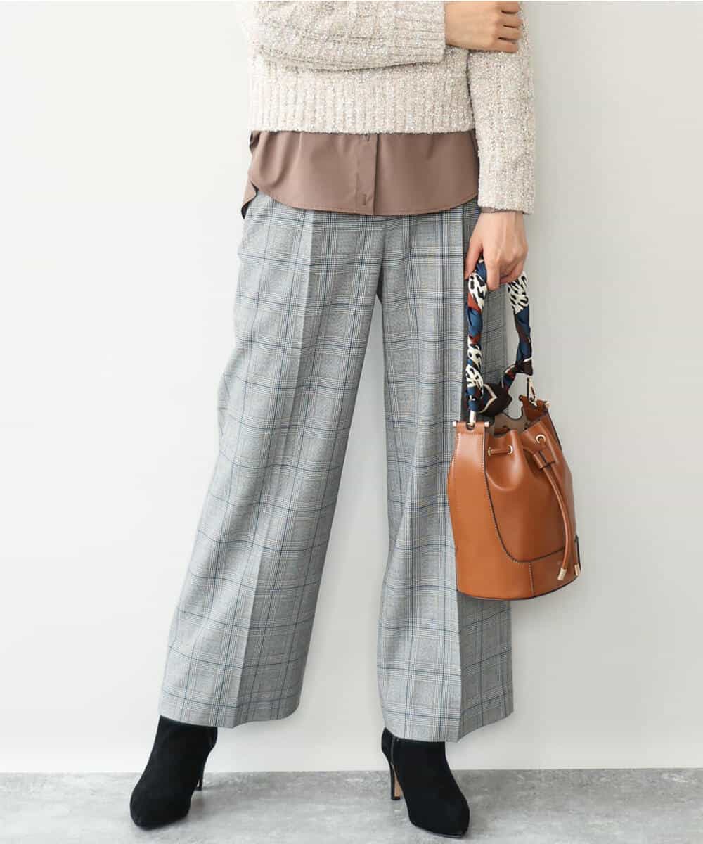 FOLAH58170 MK MICHEL KLEIN(MK ミッシェルクラン) [両面起毛/洗える]グレンチェック柄ワイドパンツ グレー