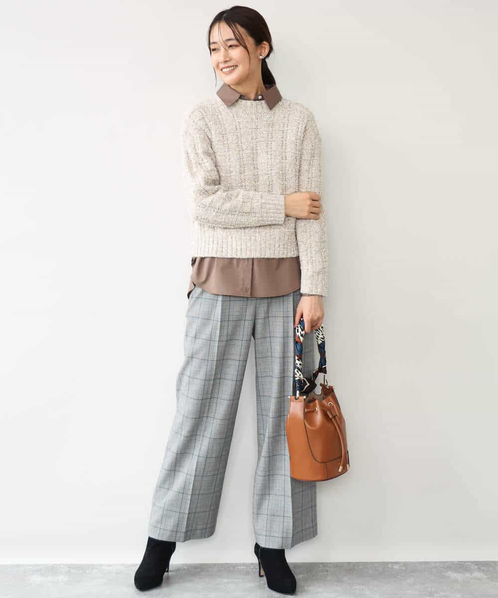 FOLAH58170 MK MICHEL KLEIN(MK ミッシェルクラン) [両面起毛/洗える]グレンチェック柄ワイドパンツ グレー