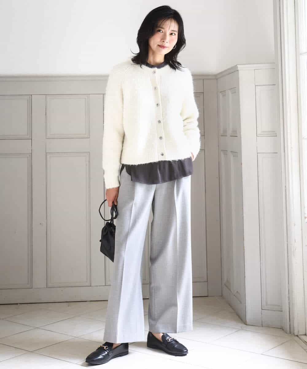 FOLBD58160 MK MICHEL KLEIN(MK ミッシェルクラン) ツイード調両面起毛ワイドパンツ/洗える ライトグレー