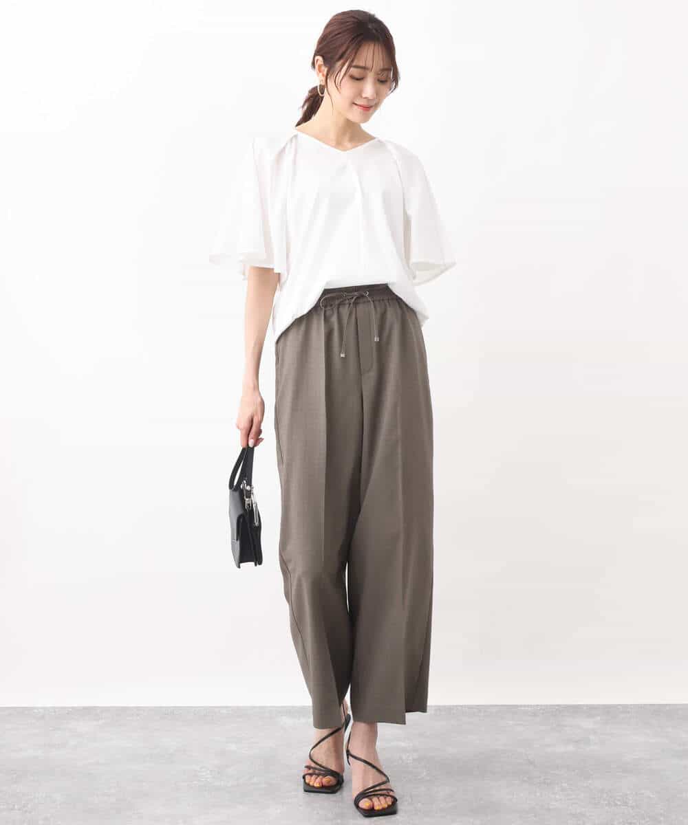 FOLGV52160 MK MICHEL KLEIN(MK ミッシェルクラン) Reflaxストライプ柄ワイドパンツ/洗える グレージュ