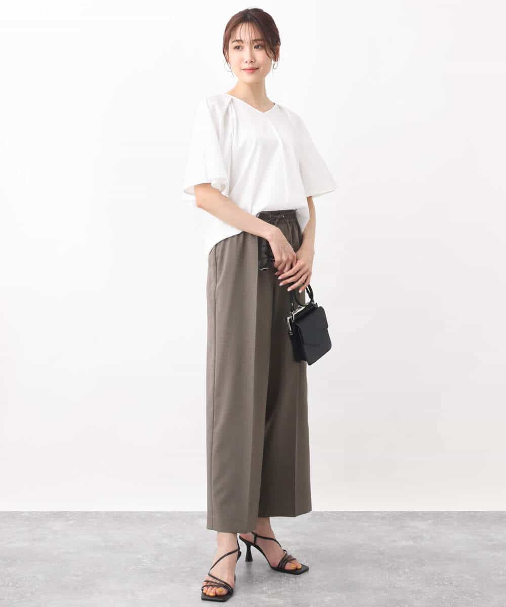 FOLGV52160 MK MICHEL KLEIN(MK ミッシェルクラン) Reflaxストライプ柄ワイドパンツ/洗える グレージュ