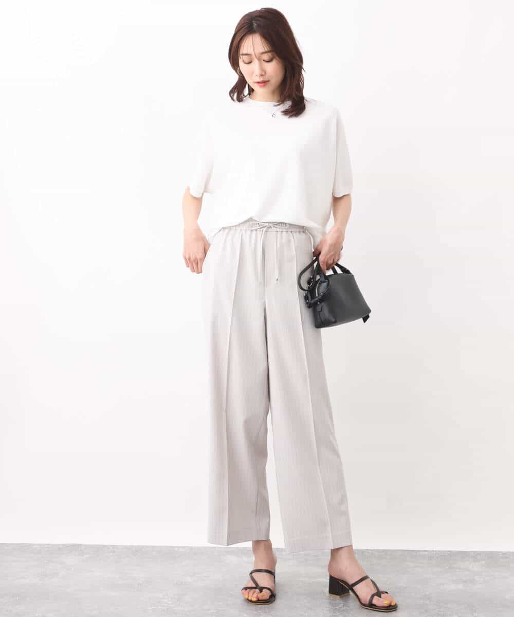 FOLGV52160 MK MICHEL KLEIN(MK ミッシェルクラン) Reflaxストライプ柄ワイドパンツ/洗える グレージュ