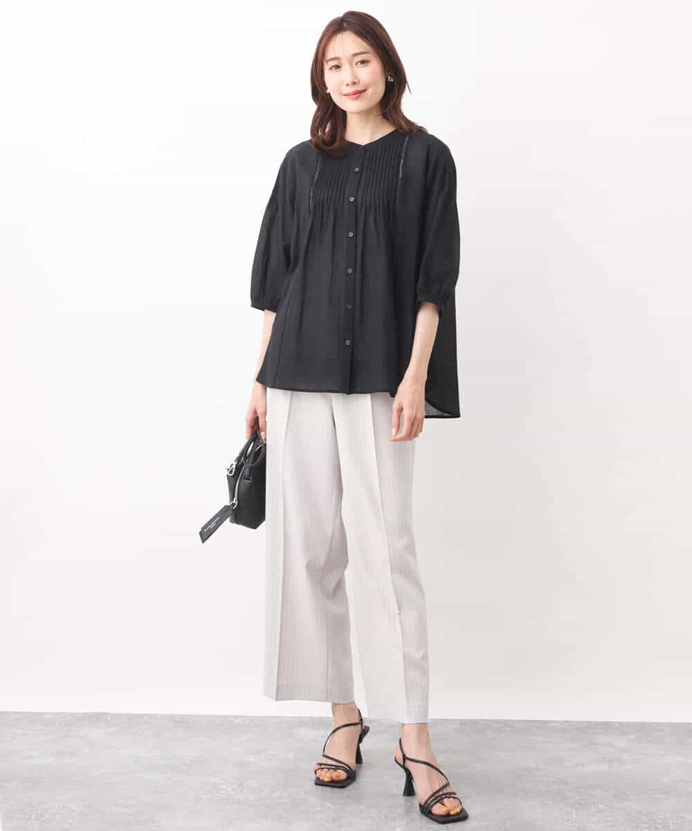FOLGV52160 MK MICHEL KLEIN(MK ミッシェルクラン) Reflaxストライプ柄ワイドパンツ/洗える グレージュ