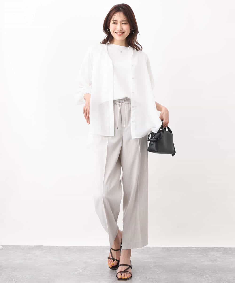 FOLGV52160 MK MICHEL KLEIN(MK ミッシェルクラン) Reflaxストライプ柄ワイドパンツ/洗える グレージュ