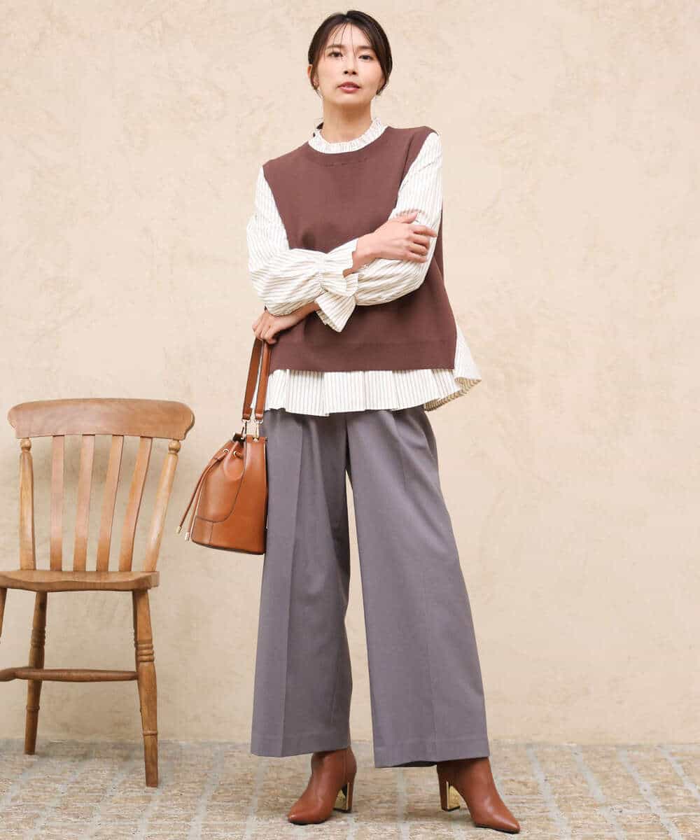 FOLJD45160 MK MICHEL KLEIN(MK ミッシェルクラン) [洗える/イージーケア/抗ピリング/ナチュラルストレッチ]ストレートワイドシルエットパンツ（無地） ブラック