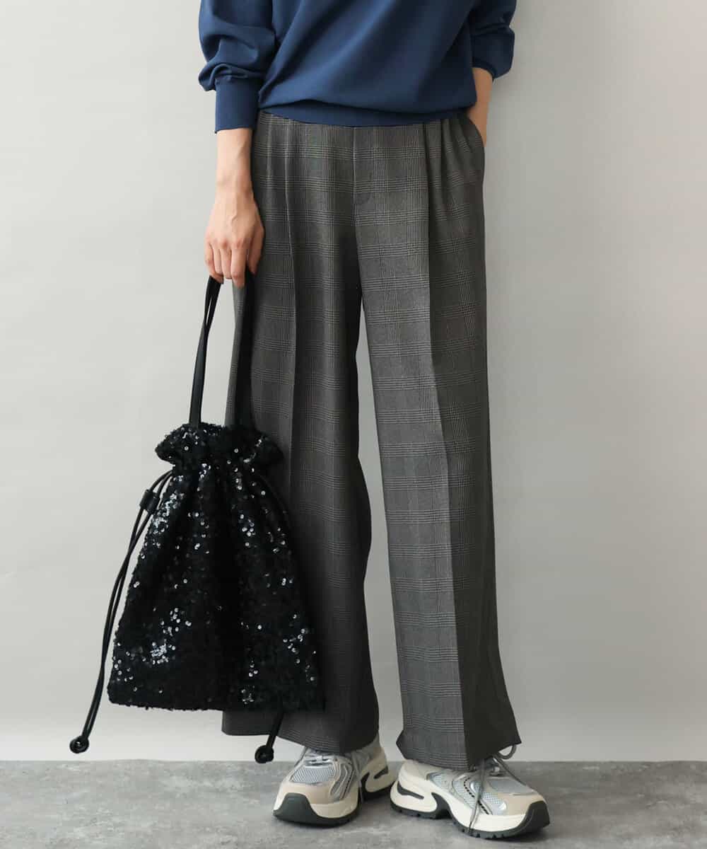 FOLJE45160 MK MICHEL KLEIN(MK ミッシェルクラン) [洗える/イージーケア/抗ピリング/ナチュラルストレッチ/ソフトタッチ]ストレートワイドシルエットパンツ（チェック） ダークグレー
