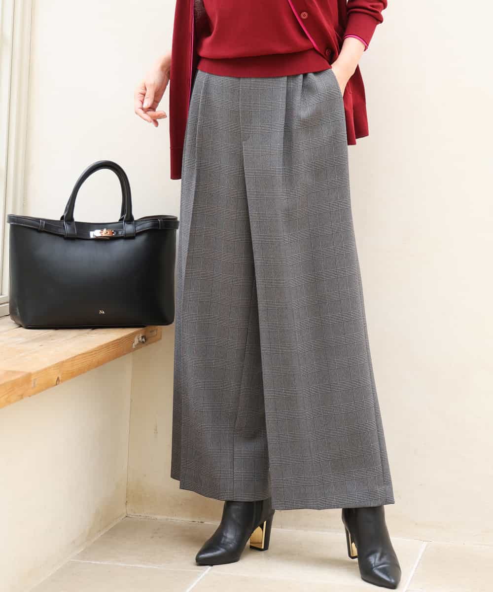 FOLJE45160 MK MICHEL KLEIN(MK ミッシェルクラン) [洗える/イージーケア/抗ピリング/ナチュラルストレッチ/ソフトタッチ]ストレートワイドシルエットパンツ（チェック） ダークグレー