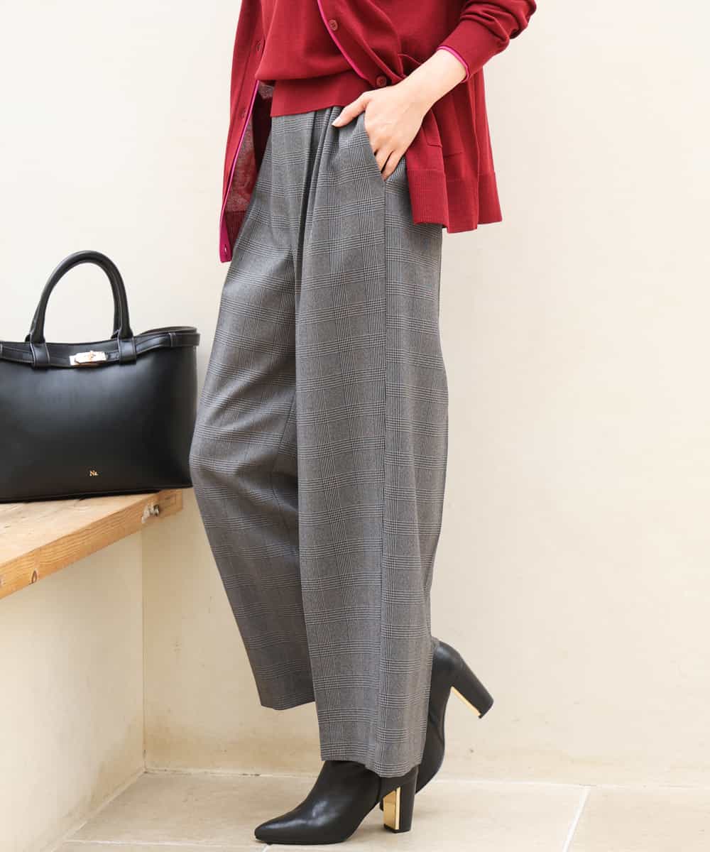 FOLJE45160 MK MICHEL KLEIN(MK ミッシェルクラン) [洗える/イージーケア/抗ピリング/ナチュラルストレッチ/ソフトタッチ]ストレートワイドシルエットパンツ（チェック） ダークグレー
