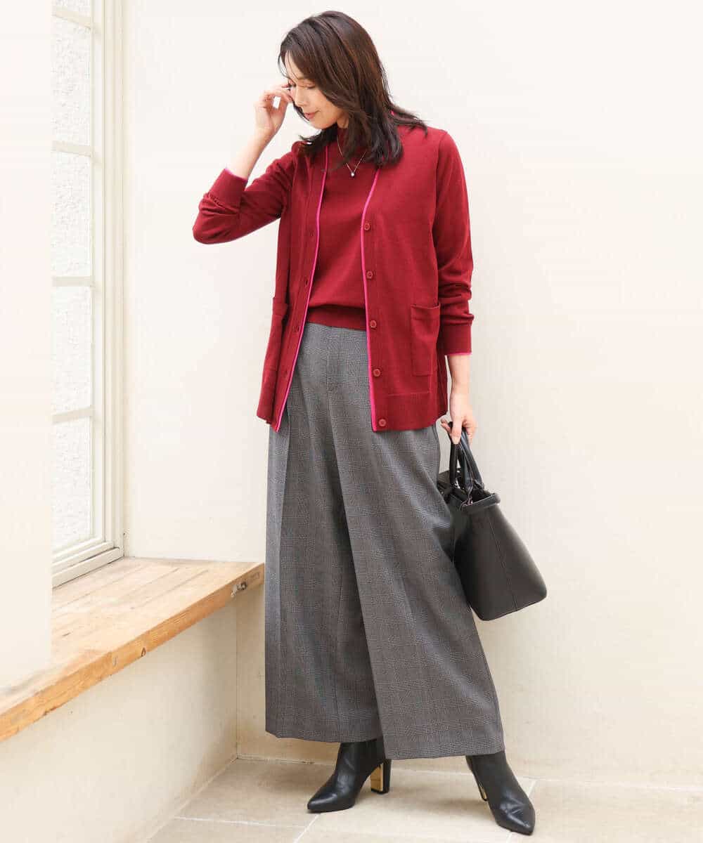 FOLJE45160 MK MICHEL KLEIN(MK ミッシェルクラン) [洗える/イージーケア/抗ピリング/ナチュラルストレッチ/ソフトタッチ]ストレートワイドシルエットパンツ（チェック） ダークグレー