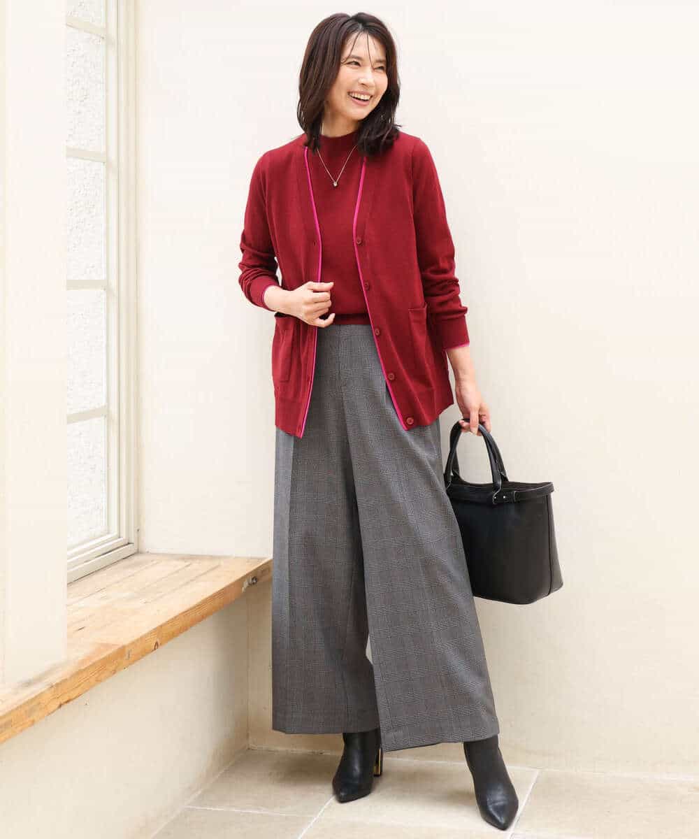 FOLJE45160 MK MICHEL KLEIN(MK ミッシェルクラン) [洗える/イージーケア/抗ピリング/ナチュラルストレッチ/ソフトタッチ]ストレートワイドシルエットパンツ（チェック） ダークグレー