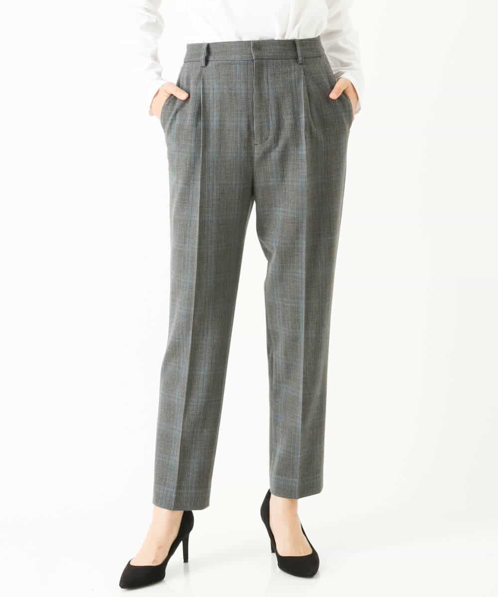 FOLJP36140 MK MICHEL KLEIN(MK ミッシェルクラン) 裏起毛ベーシックテーパードパンツ（無地・チェック）/Comfortシリーズ/洗える ライトグレー（チェック）