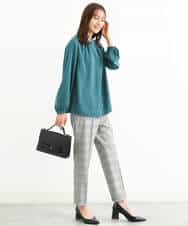 FOLJP36140 MK MICHEL KLEIN(MK ミッシェルクラン) 裏起毛ベーシックテーパードパンツ（無地・チェック）/Comfortシリーズ/洗える ライトグレー（チェック）