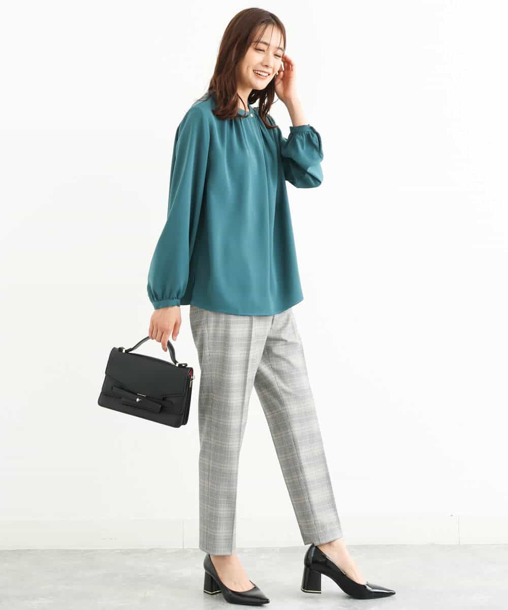 FOLJP36140 MK MICHEL KLEIN(MK ミッシェルクラン) 裏起毛ベーシックテーパードパンツ（無地・チェック）/Comfortシリーズ/洗える ライトグレー（チェック）