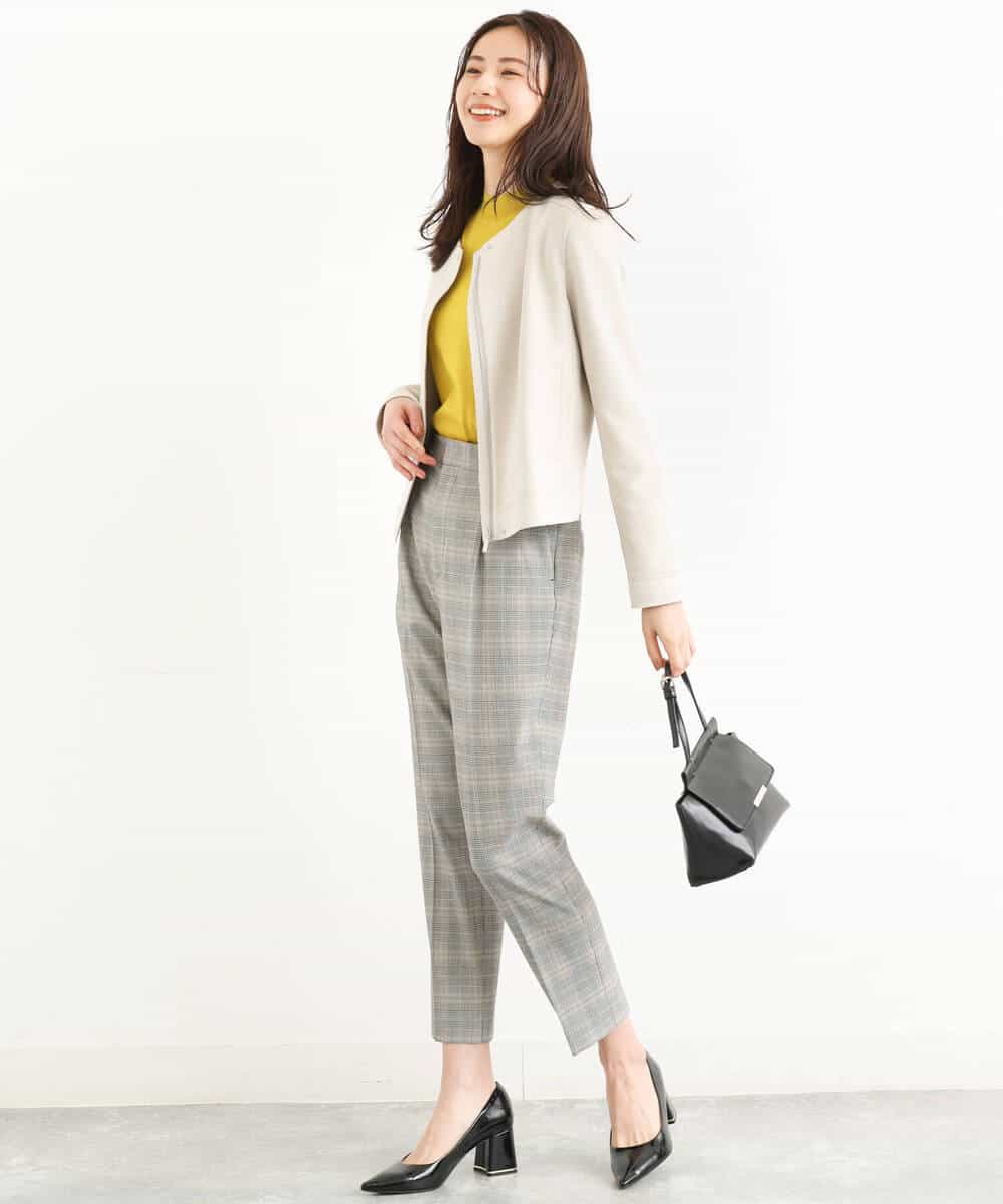FOLJP36140 MK MICHEL KLEIN(MK ミッシェルクラン) 裏起毛ベーシックテーパードパンツ（無地・チェック）/Comfortシリーズ/洗える ライトグレー（チェック）