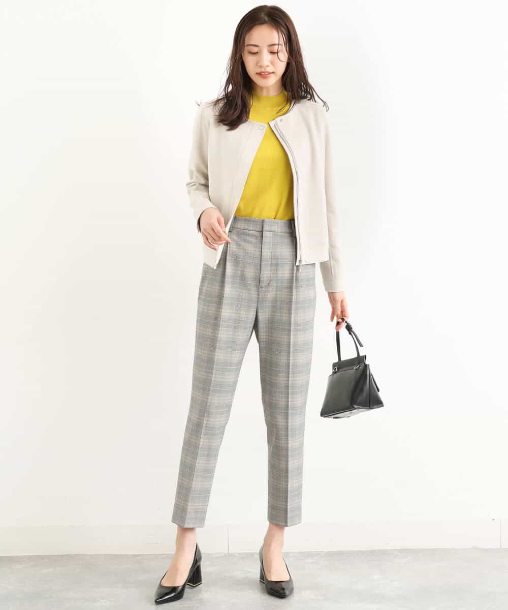 FOLJP36140 MK MICHEL KLEIN(MK ミッシェルクラン) 裏起毛ベーシックテーパードパンツ（無地・チェック）/Comfortシリーズ/洗える ライトグレー（チェック）