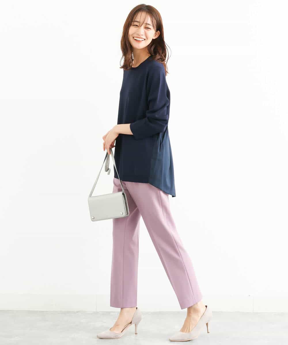 FOLJP36140 MK MICHEL KLEIN(MK ミッシェルクラン) 裏起毛ベーシックテーパードパンツ（無地・チェック）/Comfortシリーズ/洗える ライトグレー（チェック）