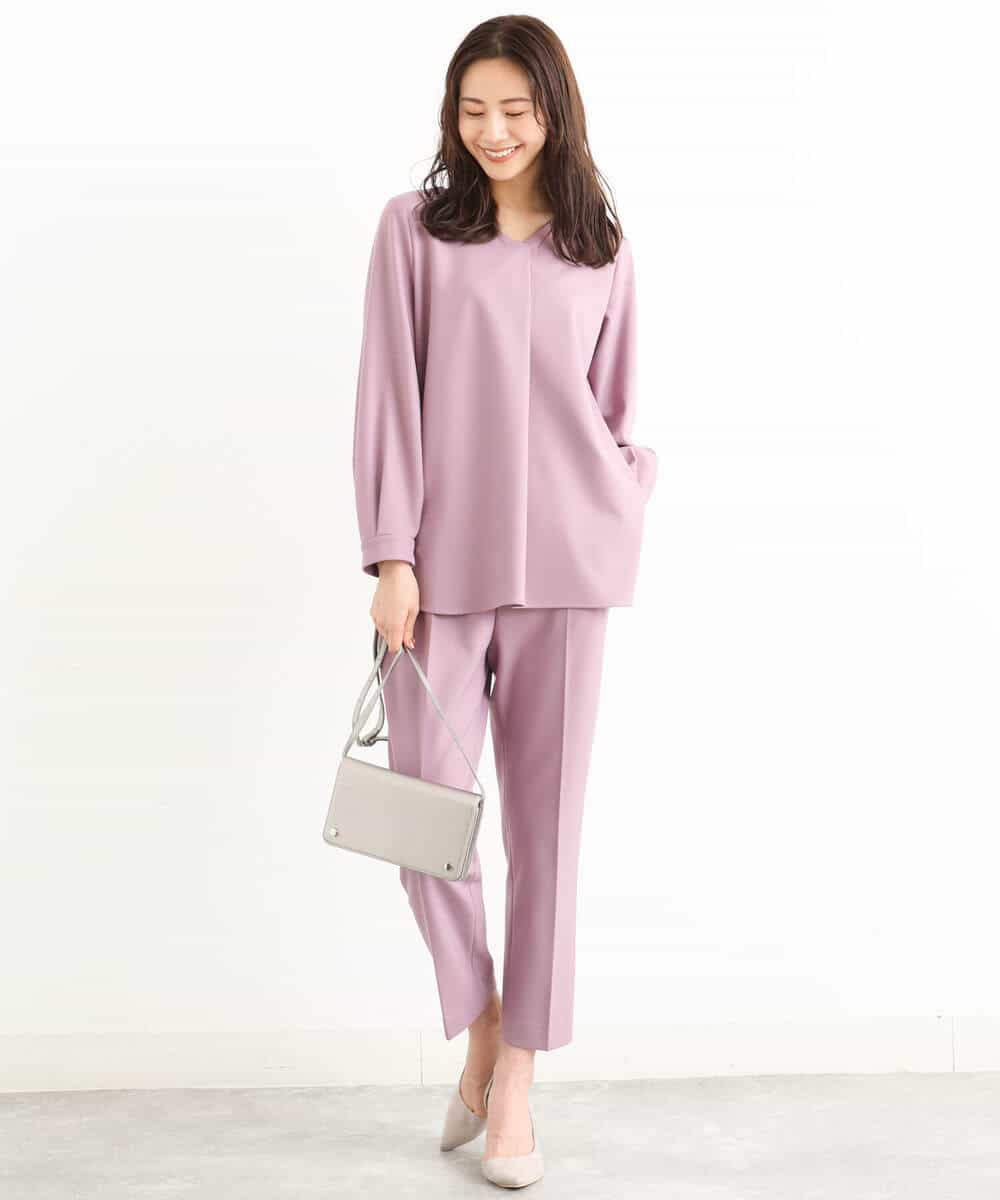 FOLJP36140 MK MICHEL KLEIN(MK ミッシェルクラン) 裏起毛ベーシックテーパードパンツ（無地・チェック）/Comfortシリーズ/洗える ライトグレー（チェック）