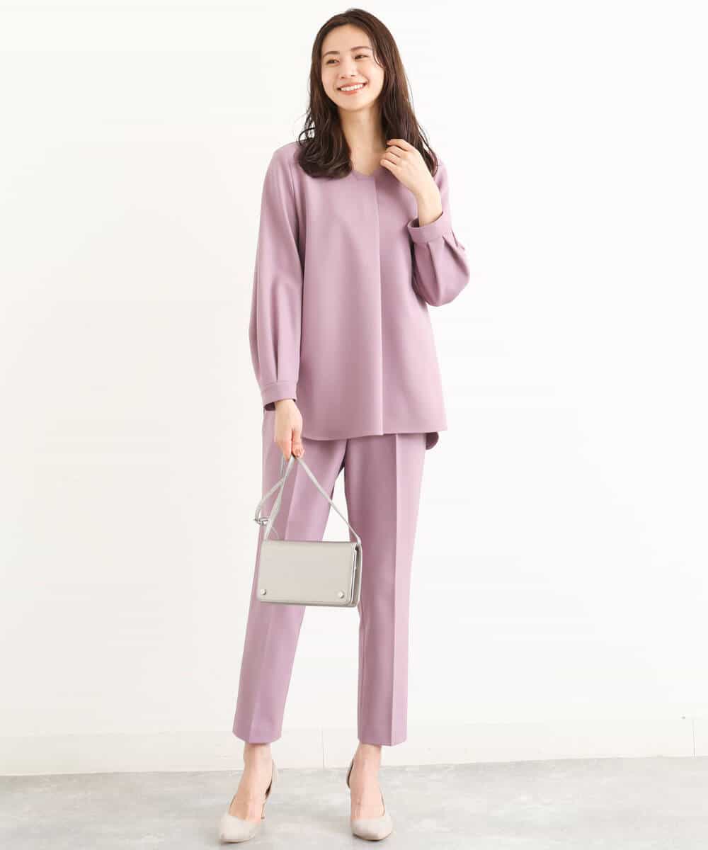 FOLJP36140 MK MICHEL KLEIN(MK ミッシェルクラン) 裏起毛ベーシックテーパードパンツ（無地・チェック）/Comfortシリーズ/洗える ライトグレー（チェック）