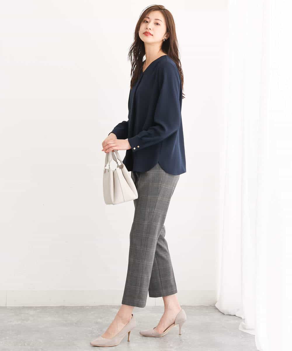 FOLJS38140 MK MICHEL KLEIN(MK ミッシェルクラン) 裏起毛テーパードパンツ(無地・チェック)/洗える ネイビー