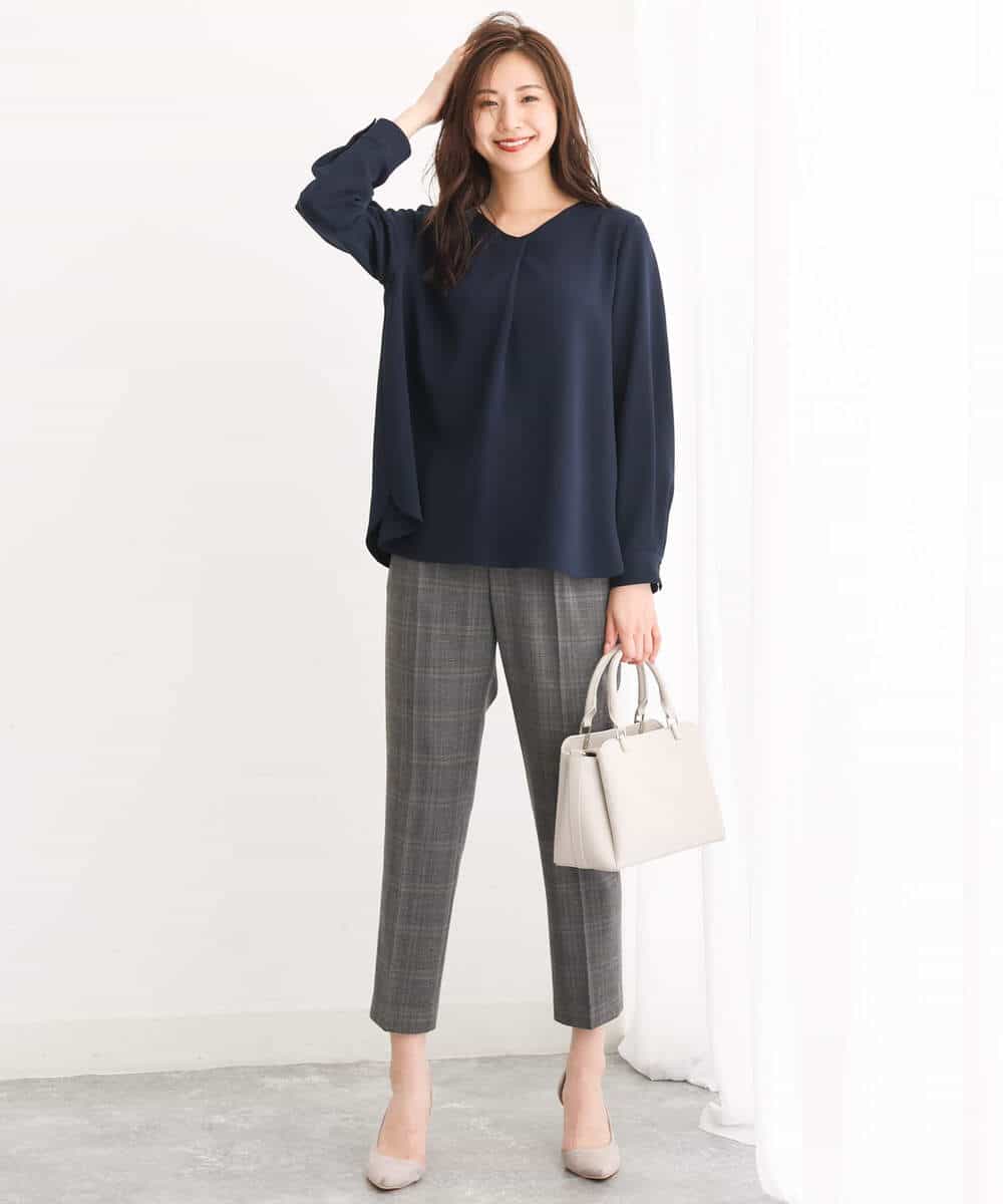 FOLJS38140 MK MICHEL KLEIN(MK ミッシェルクラン) 裏起毛テーパードパンツ(無地・チェック)/洗える ネイビー