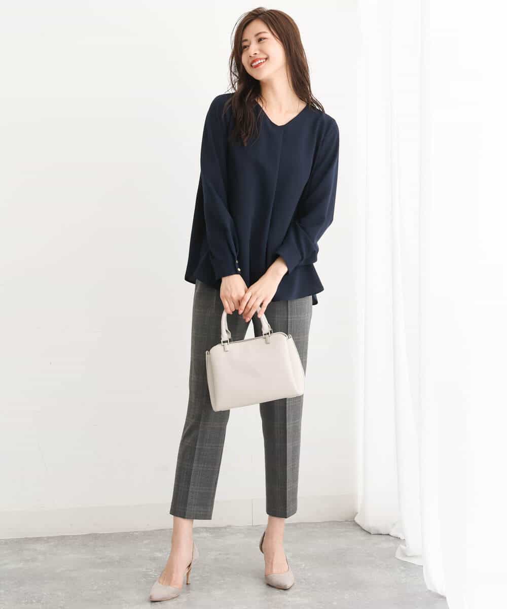 FOLJS38140 MK MICHEL KLEIN(MK ミッシェルクラン) 裏起毛テーパードパンツ(無地・チェック)/洗える ネイビー